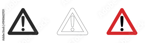 Vector warning exclamation triangle icons set black filled white outline red alert danger caution sign hazard attention safety triangle illustration