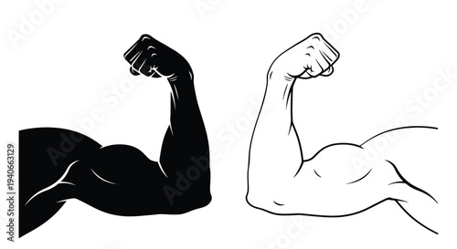 Dual toned illustration depicting a muscular bicep flex on contrasting backgrounds