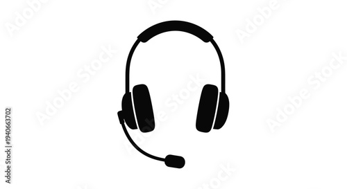 Simple black silhouette of over ear headphones with an attached microphone