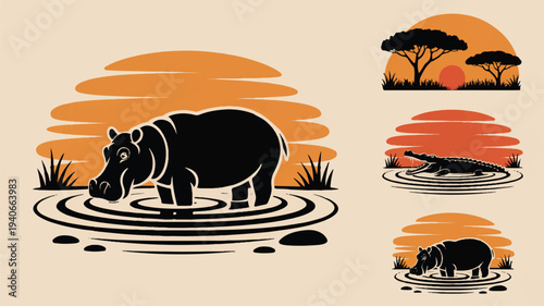 Hippo and crocodile in water with savannah landscape illustrations