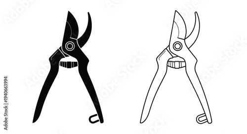 Black and white illustration of pruning shears in two orientations