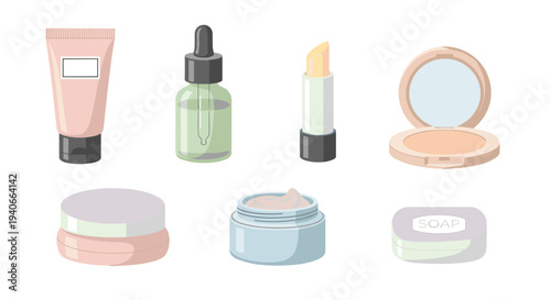Various beauty products and skincare items are neatly arranged, showcasing a collection of essential cosmetic tools and personal care essentials in a clean, illustrative style.