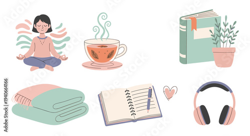 Collection of self-care items for relaxation and mindfulness activities, including meditation, reading, tea, and music, promoting well-being.