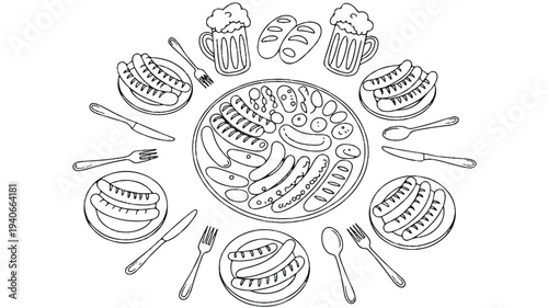 Illustration of a large plate of sausages with condiments and utensils around it