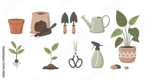 Gardening tools and plants set includes various items for planting, growing, and maintaining a beautiful home garden, presented as a flat illustration.