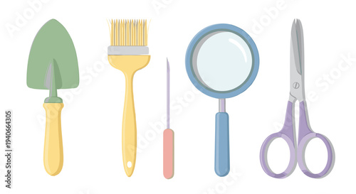 Collection of colorful craft and hobby tools including a trowel, paintbrush, magnifying glass, and scissors, neatly arranged in a row.