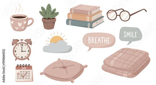 Cozy daily routine elements are illustrated in a charming flat design style, representing comfort, relaxation, and mindfulness for a balanced lifestyle.