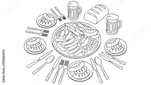 Illustration of a table setting with sausages and beer  various plates and utensils