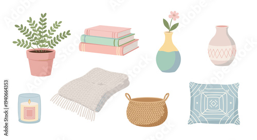 Various cozy home decor items are beautifully arranged together, showcasing a modern and inviting interior aesthetic for a comfortable living space.
