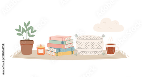 Cozy home decor items arranged neatly on a shelf, featuring a potted plant, stack of books, candle, and steaming mug in a charming illustration.