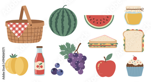 Delightful collection of picnic food items, including a woven basket, fresh fruits, tasty sandwiches, and sweet desserts, perfect for an outdoor gathering.