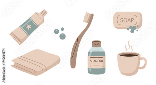 Daily personal hygiene and morning routine essentials including toothbrush, toothpaste, soap, shampoo, towel, and a warm cup of coffee.