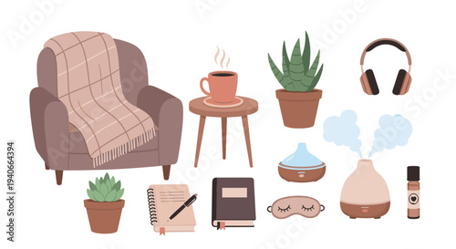 Cozy home comfort items for relaxation and self-care, including an armchair, coffee, plants, and diffusers, creating a peaceful atmosphere.