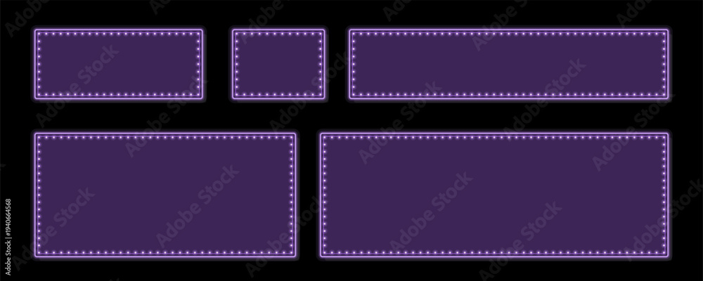 Obraz premium Set of five luminous purple marquee style frames with bright bulb lights on black