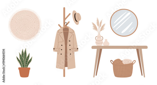 Home decor items arranged in a stylish and minimalist entryway setting, featuring a coat rack, round mirror, and potted plant with a woven rug.