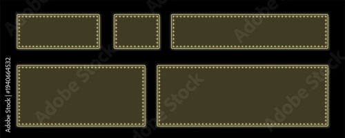 Set of five empty olive green rectangular marquee signs outlined with bright glowing yellow lightbulbs