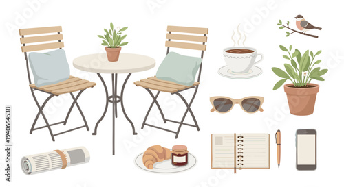 Charming outdoor cafe setting featuring a table, chairs, hot coffee, croissant, newspaper, and other delightful elements for a peaceful day.