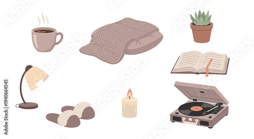 Cozy home comfort items collection for a relaxing evening, featuring a warm beverage, soft knitted blanket, open book, and vintage record player.