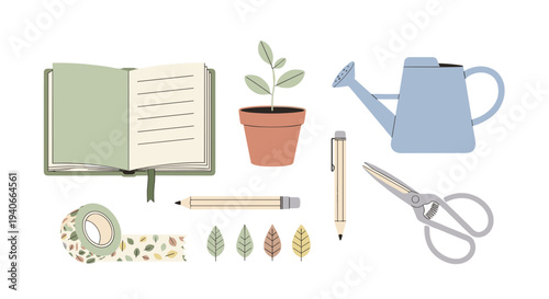 Essential gardening and crafting tools are beautifully illustrated in a minimalist style, perfect for creative projects and planning.
