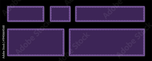 Set of five luminous purple marquee style frames with bright bulb lights on black