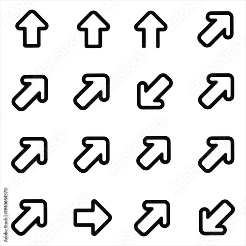 Set of simple black arrow icons with rounded corners pointing in various directions