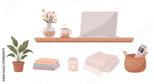 Collection of cozy home decor items and lifestyle objects arranged for a comfortable and relaxing atmosphere in a modern living space.