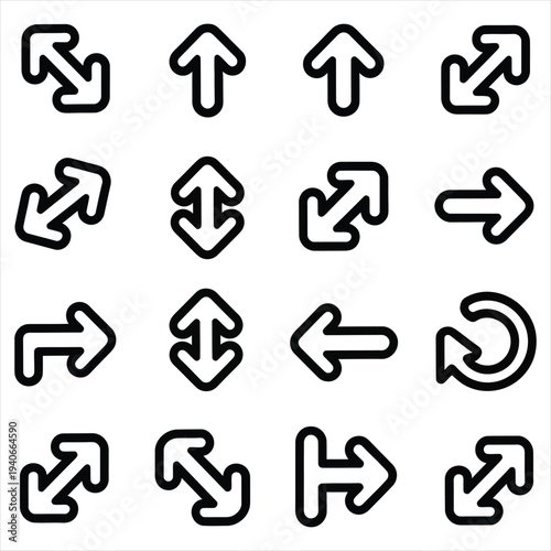 Collection of outline arrows in black and white pointing various directions