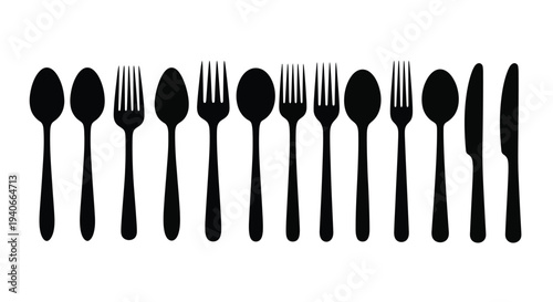Black silhouette illustration of various dining utensils arranged in a row