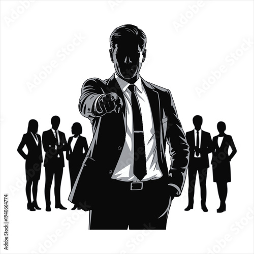 Businessman pointing finger at camera with silhouette team background, concept of leadership and recruitment