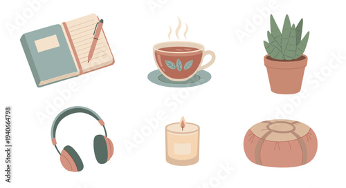 Various cozy lifestyle objects are presented in a charming flat design illustration, perfect for relaxation, comfort, and daily routines.