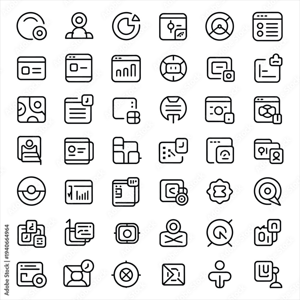 Fototapeta premium Collection of modern outline icons representing various business and technology concepts