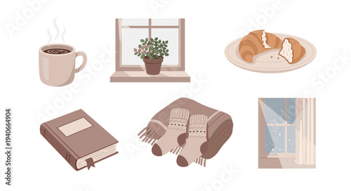 Cozy home elements collection for a comfortable and relaxing atmosphere, featuring warm drinks, books, pastries, and winter window views.