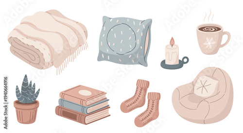 Cozy home comfort items collection featuring a blanket, pillow, candle, mug, books, socks, plant, and bean bag chair for a relaxing atmosphere.