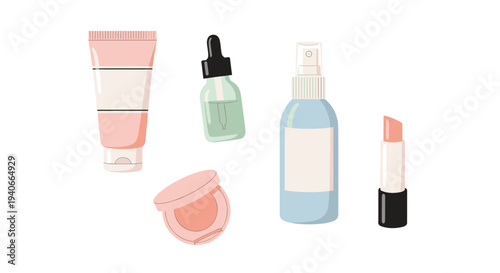 Various beauty cosmetic skincare products arranged neatly together in a minimalist flat lay illustration, perfect for health and wellness.