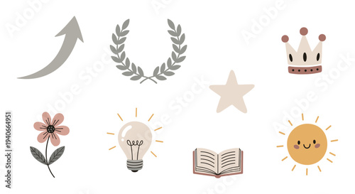 Various hand-drawn icons representing success, ideas, and knowledge are displayed in a charming, simple, and versatile collection of graphic elements.