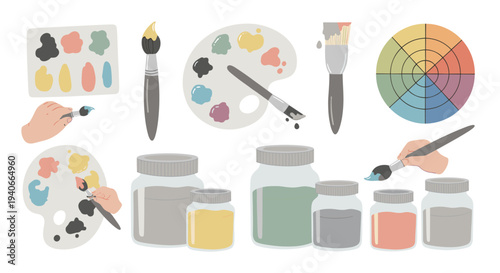 Comprehensive collection of art supplies and painting tools for creative expression and artistic projects, including brushes, palettes, paint jars, and a color wheel.
