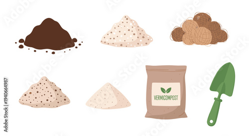 Gardening supplies and organic materials for planting and growing plants, including soil, vermicompost, perlite, coco coir, and a trowel.