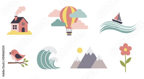 Simple flat design illustrations depicting various natural and man-made elements, including houses, hot air balloons, sailboats, birds, waves, mountains, and flowers
