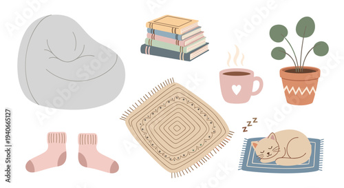 Cozy home items collection vector illustration featuring a sleeping cat, books, warm drinks, and comfortable furniture for a relaxing atmosphere.