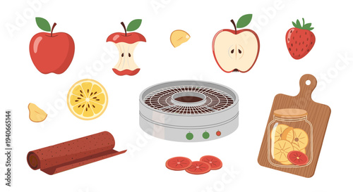 Fruit drying process with various fresh and dried items including apples, lemons, strawberries, and a dehydrator machine, illustrating homemade healthy snacks.