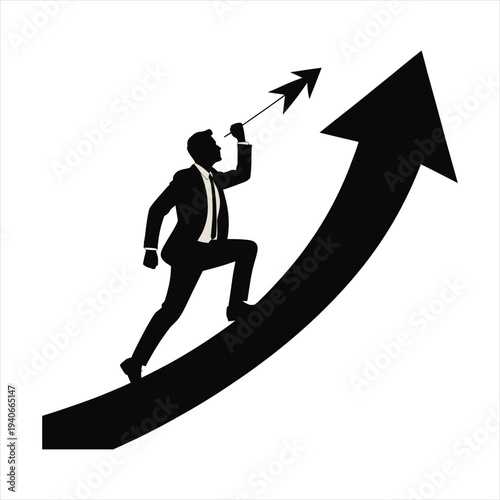 Businessman holding arrow climbing up with determination and vision toward success