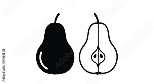 A simple illustration depicts a whole pear and a halved pear