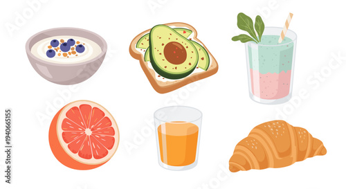 Various healthy breakfast food items and drinks presented as a vibrant collection of delicious morning meals and beverages in a modern flat illustration style.