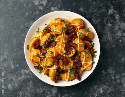 Fotografie Patatas bravas with chorizo and sauce. Spanish traditional food