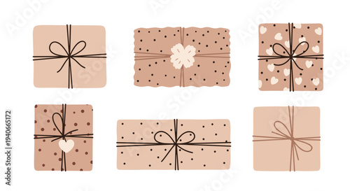 Six charming hand-drawn gift boxes with bows and various patterns, including polka dots and hearts, ideal for celebrating special occasions, holidays, and spreading joy.