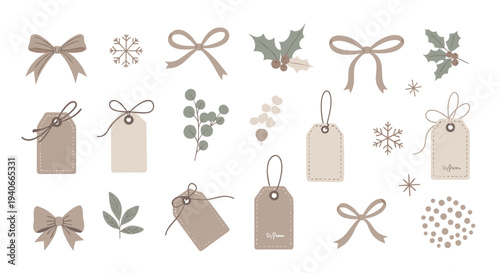 Christmas holiday gift tags bows and festive elements create a charming collection of seasonal decorative illustrations for celebrations.