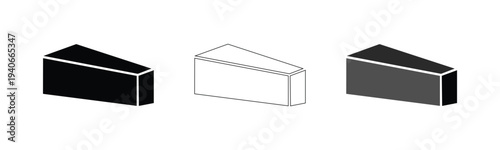 Vector wedge prism icons set black filled white outline gray 3D shape geometric block triangle prism solid object simple illustration collection