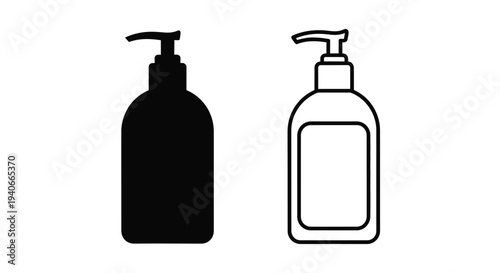 Two black and white illustrations of pump bottles side by side