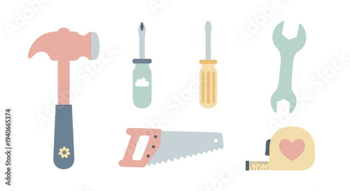 Hand tools collection in a cute pastel style featuring a hammer, screwdrivers, wrench, saw, and tape measure for various home improvement and DIY projects.