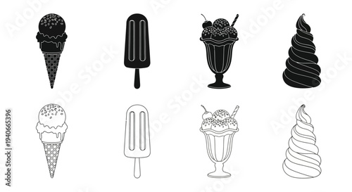 Black and white illustrations of various ice cream and popsicle types
